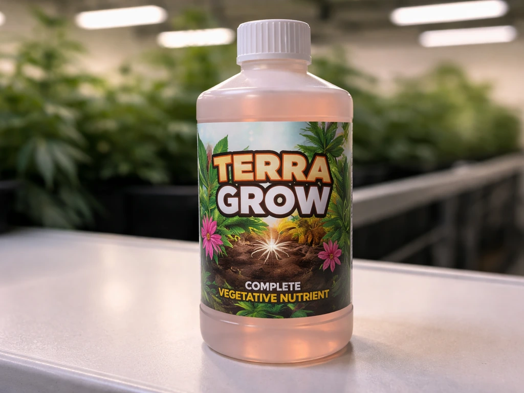 Close-up of a Terra Grow nutrient bottle on a grow bench with the label in sharp focus.