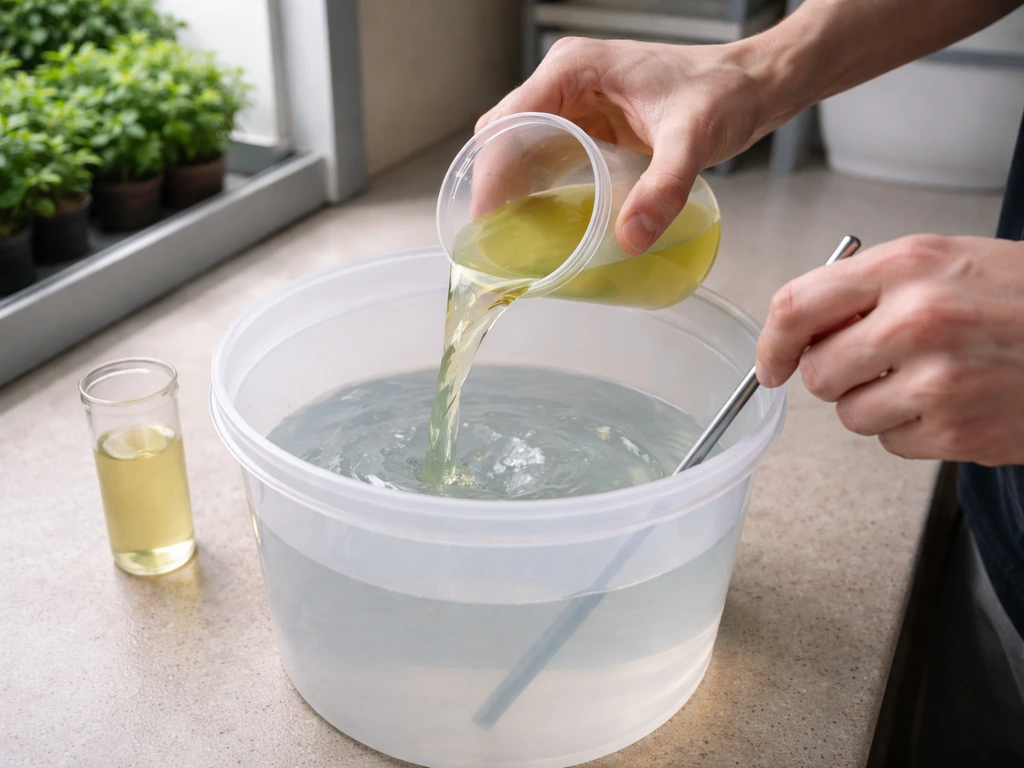 Close-up of mixing nutrients: water in a container with measured Terra Grow being poured.