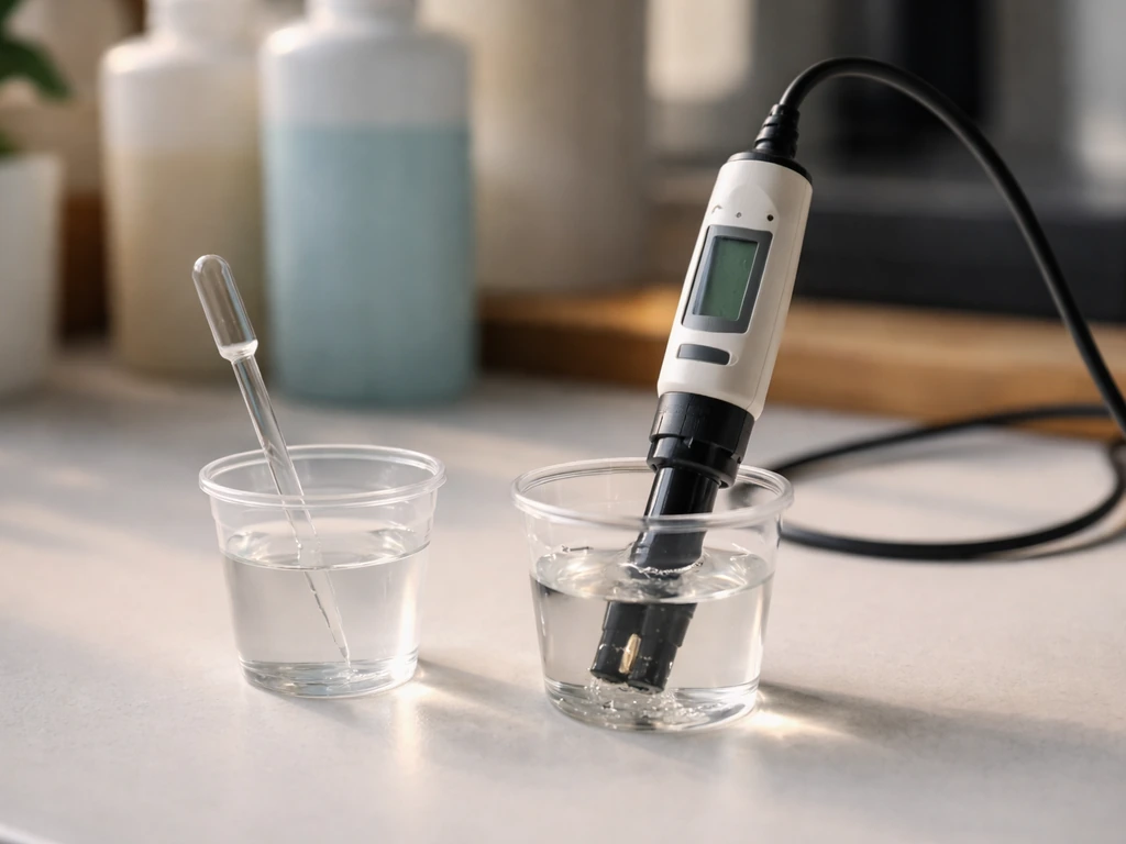 EC/TDS meter probe and pH test setup beside a freshly mixed nutrient solution on a simple bench.