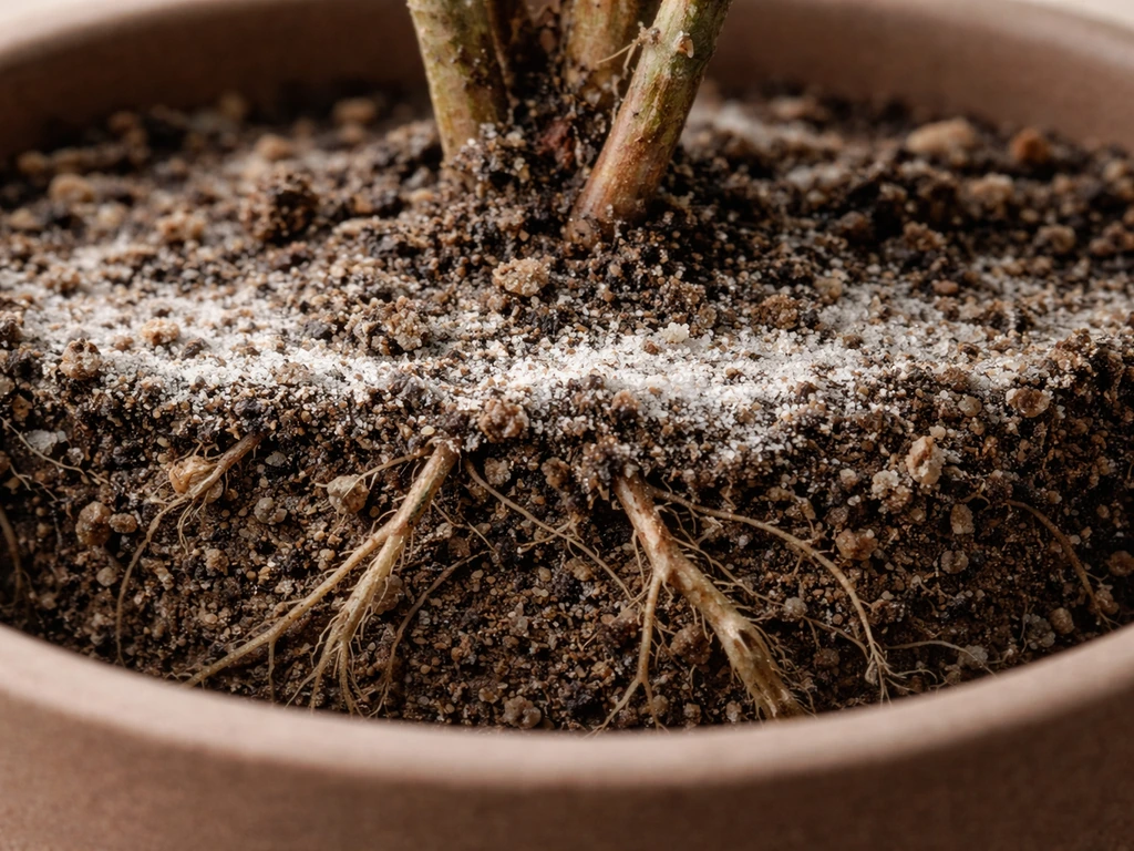 Close-up of a pot’s soil with pale salt crust and slightly stressed visible roots.