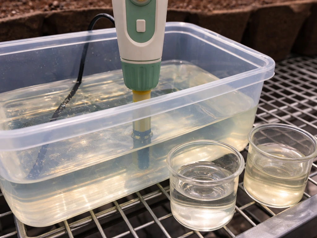 Close-up of a pH meter probe in nutrient solution with two small beakers for before-after pH testing.