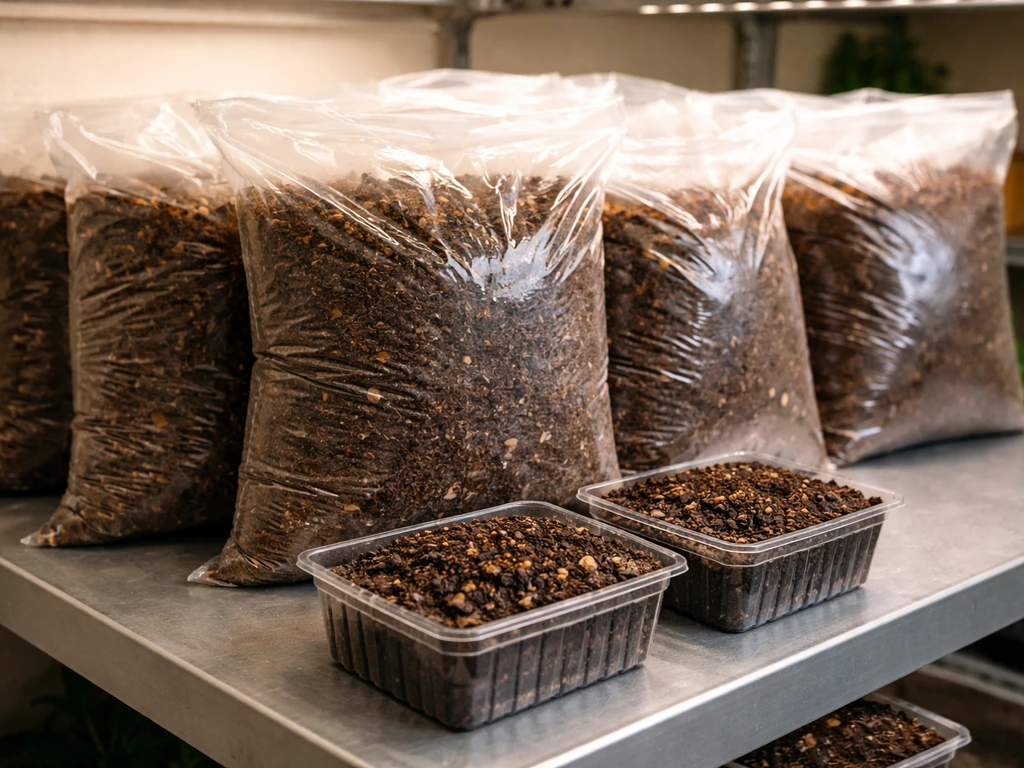Unlabeled soil mix bags and small containers of dark peat-bark autoflower soil on an indoor grow bench.