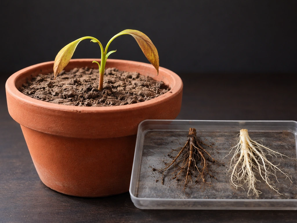 Drooping seedling with brown tips; inset shows dark unhealthy roots vs pale healthy roots.