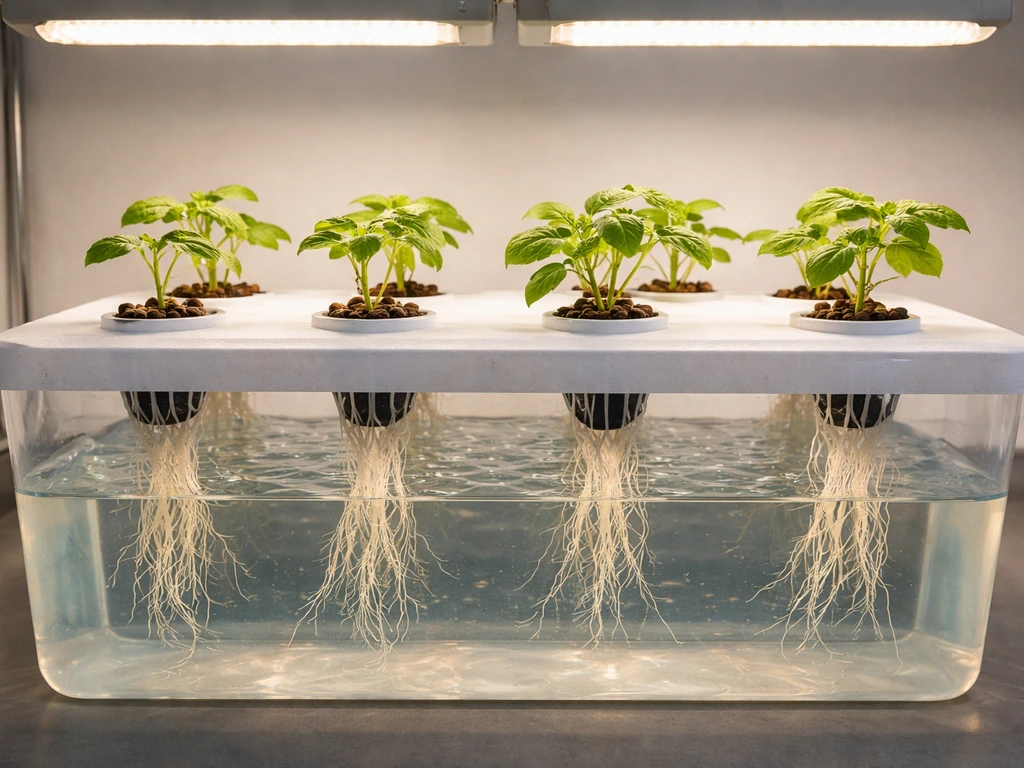 Hydroponic seedlings in net pots with visible roots in a nutrient reservoir under grow lights