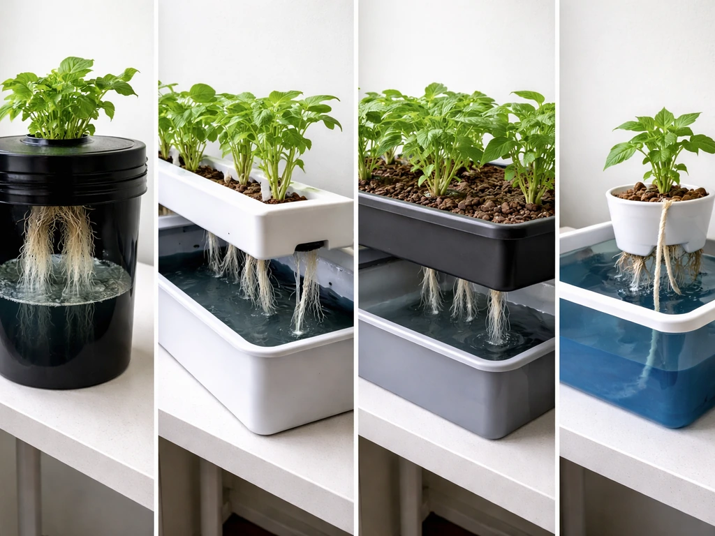 Four hydroponic systems side-by-side showing roots supported and water delivered in each setup.