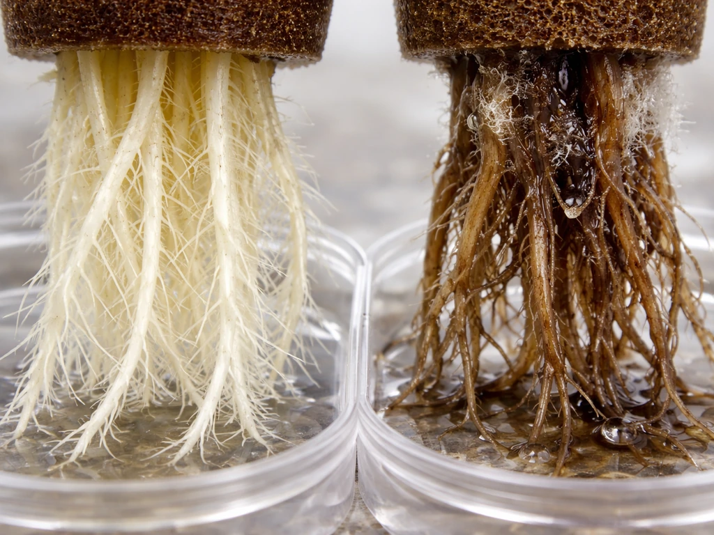 Side-by-side close-up of healthy white hydroponic roots vs brown slimy unhealthy roots in clear containers.