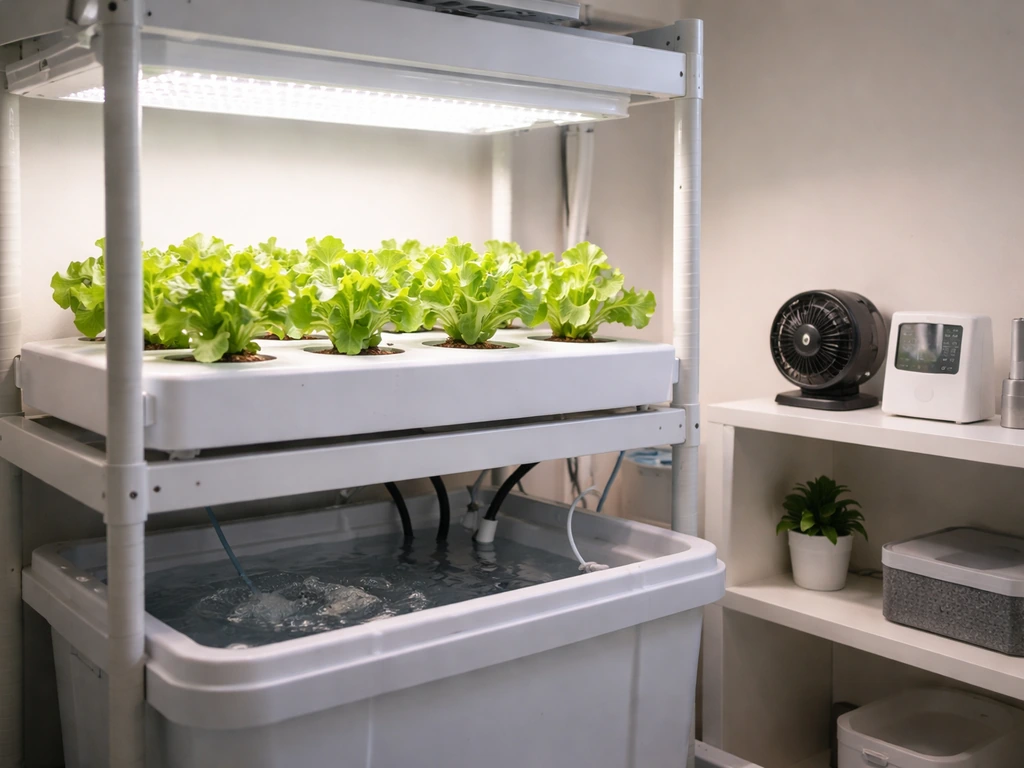 Indoor hydroponic rack under grow light with airflow, temperature, and humidity control devices visible