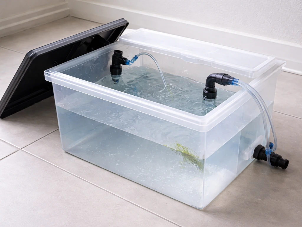 Clear hydroponic nutrient reservoir tank with lid open, showing subtle algae/biofilm risk points inside.