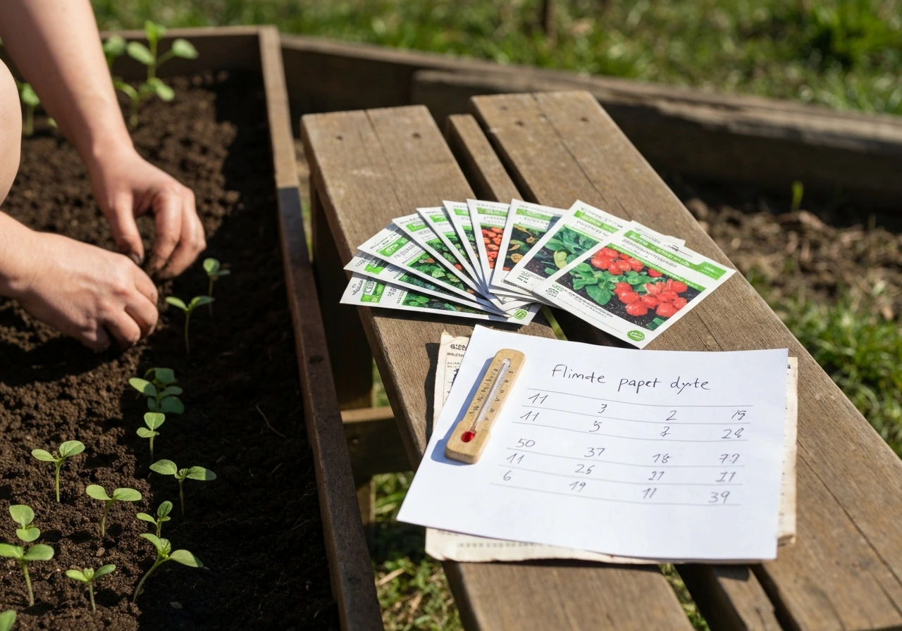Gardener at an outdoor planting table with seed packets and a paper frost-date cue near seedlings
