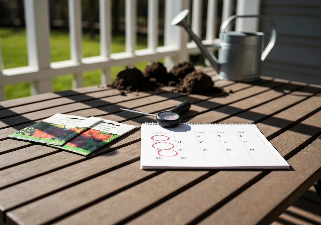 Seed packets on a garden table with a simple frost-timing calendar and thermometer
