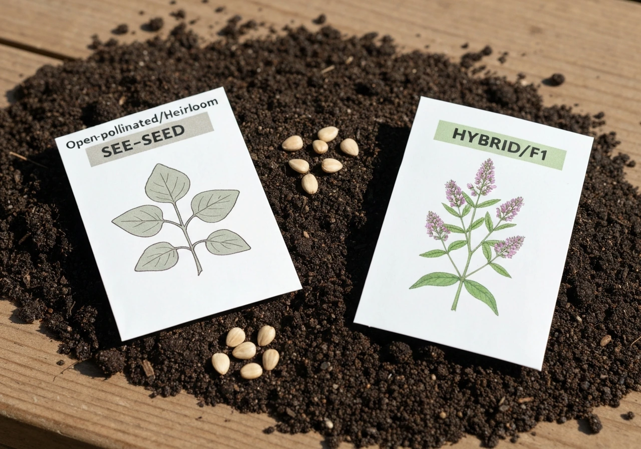Close-up of open-pollinated/heirloom and hybrid seed packets laid on soil, highlighting seed type differences.