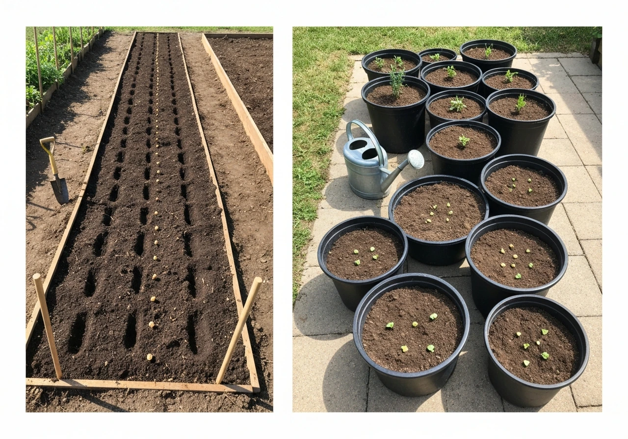 Split garden view: in-ground raised bed row beside matching container pots with seedlings/seed placements.