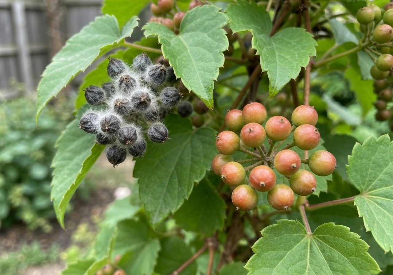 Close-up of a grape-like plant showing gray mold on one area and a clean, dry area nearby.