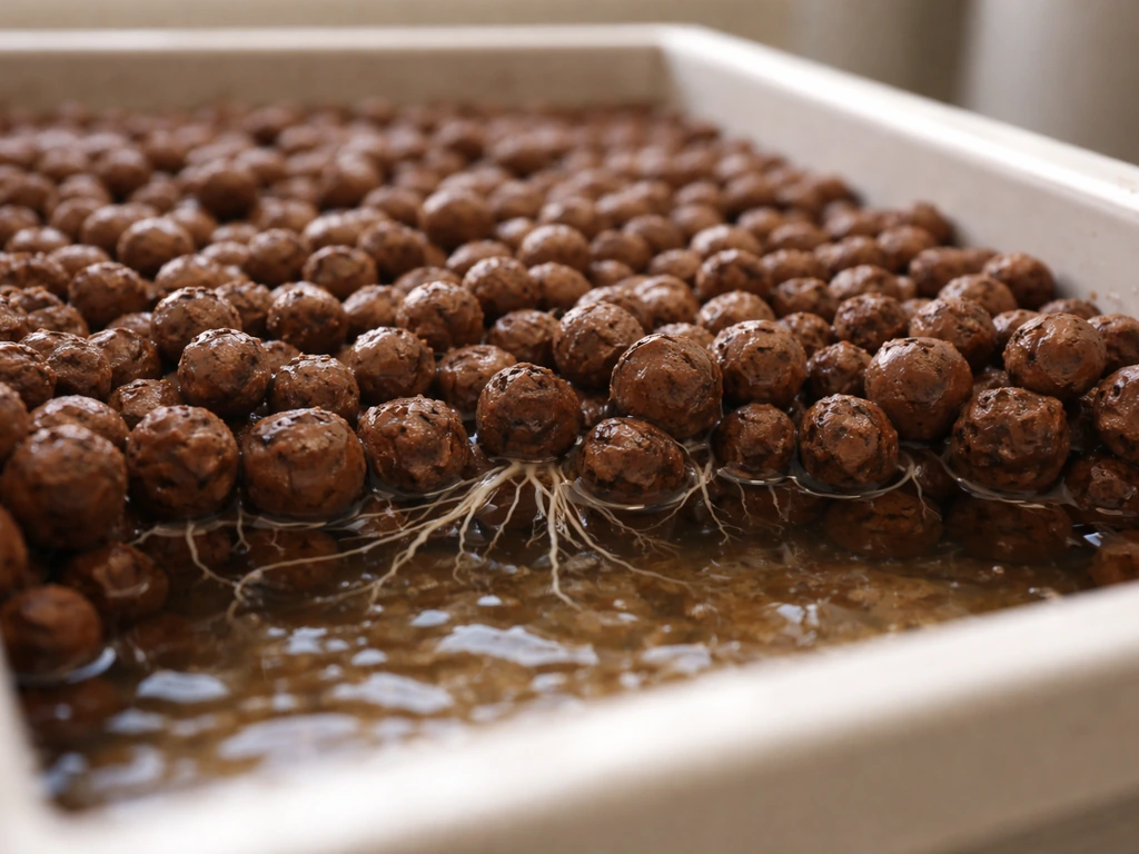 Close-up flood-and-drain tray with expanded clay pellets as nutrient water drains, showing airy root zone.