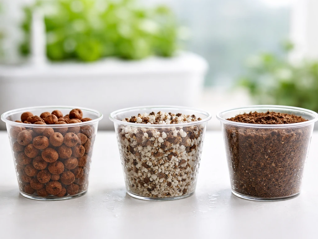 Three side-by-side grow medium samples in clear cups showing drained, aerated, and moisture-retained states for ebb-and-