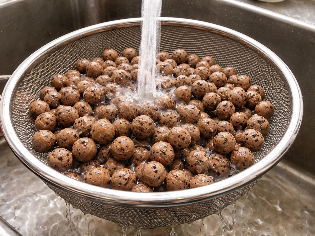 Wet expanded clay pellets in a metal colander being rinsed under running water in a sink.