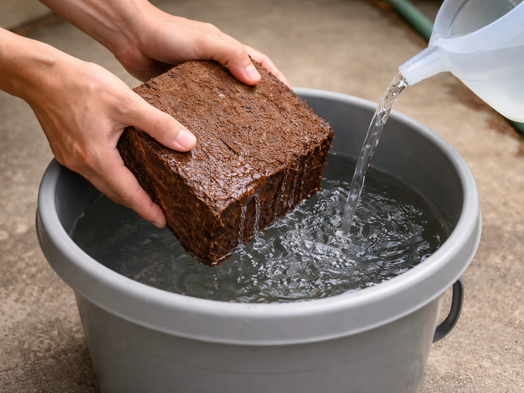 Hand hydrating a coco coir brick in a bucket of water, with a pH-neutral rinse setup nearby