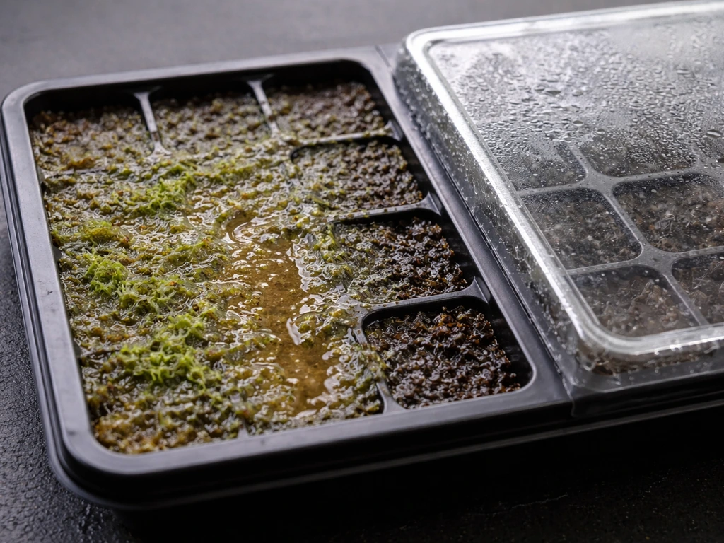 Close-up of a wet plant medium tray with green algae on an uncovered area, beside a covered section