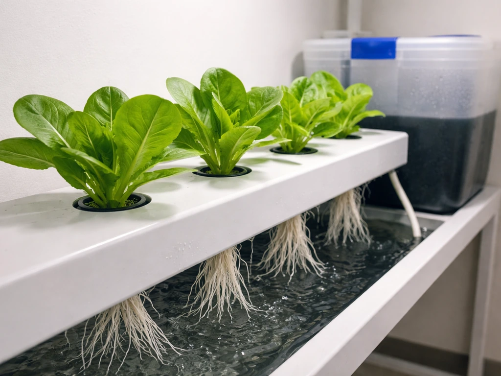 Home hydroponic system with leafy greens and visible roots beside a nutrient reservoir tank in daylight.