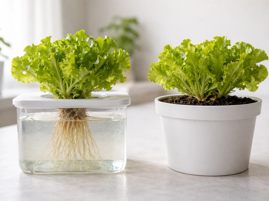 Side-by-side view of hydroponic lettuce with roots in water versus soil-grown lettuce in a pot.