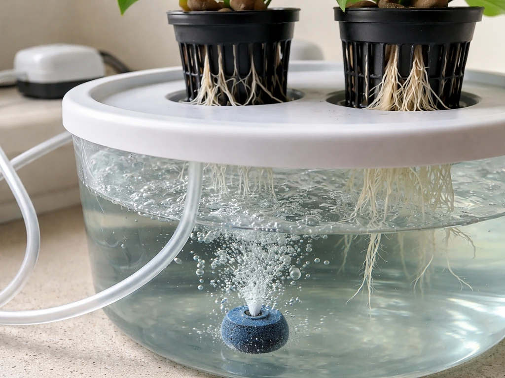 Minimal DWC hydroponics setup with net pots and visible bubbling air stone in oxygenated nutrient reservoir.