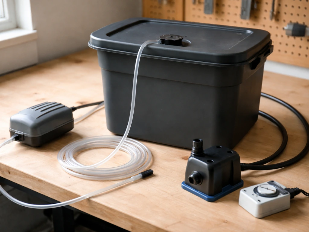 Minimal photo of a hydroponic starter setup: opaque reservoir, air pump with airstone, tubing and water pump