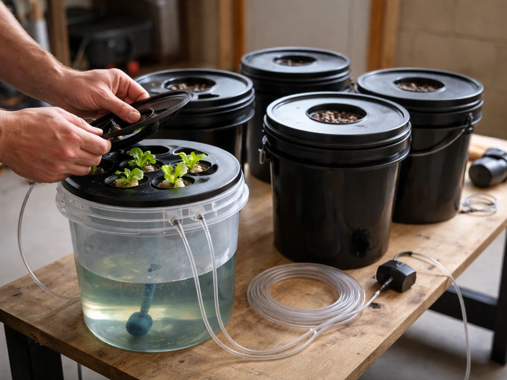 Close-up of a simple DWC lettuce setup with reservoir, tubing, and seedlings in net cups.