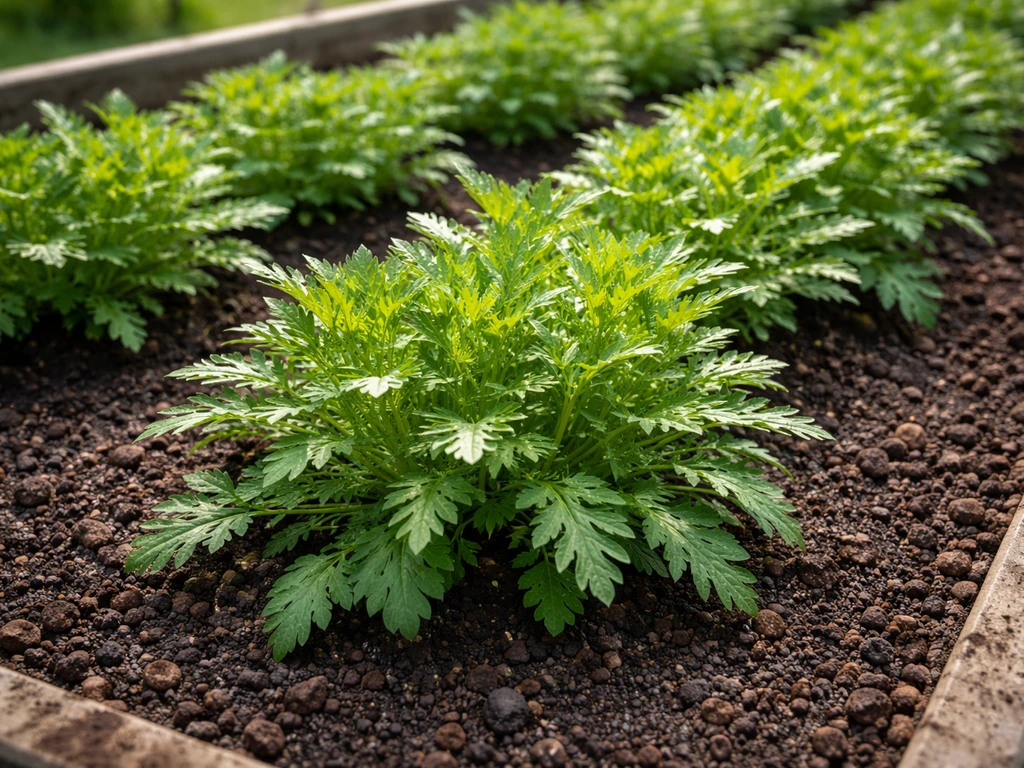 Thriving valerian plants in a tidy soil bed with healthy green foliage and clear growing rows.