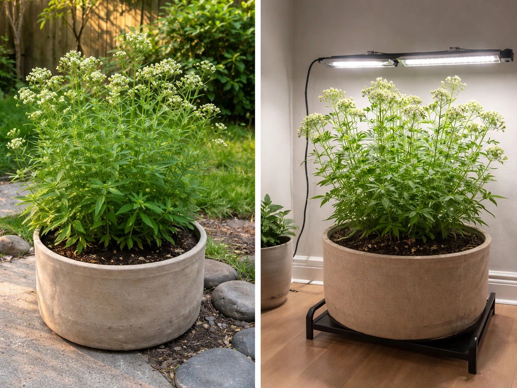 Side-by-side outdoor container and indoor grow-light container with a valerian-like plant.