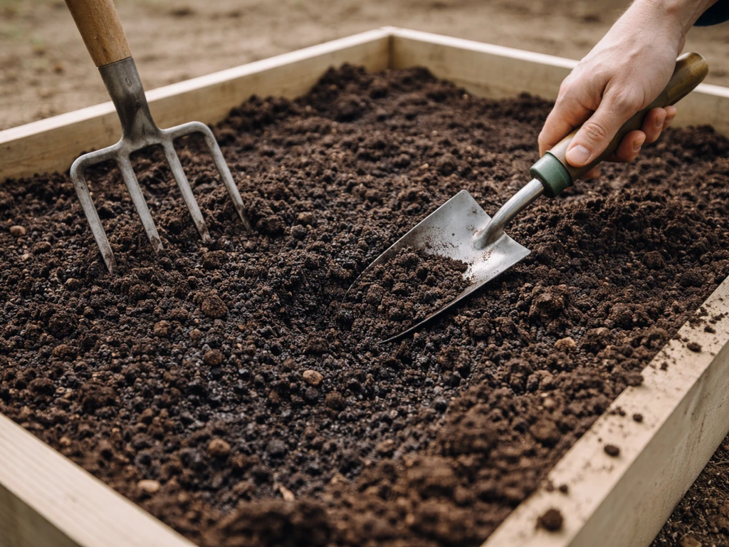 Compost being worked into the top inches of soil in a raised garden bed with a fork and trowel.