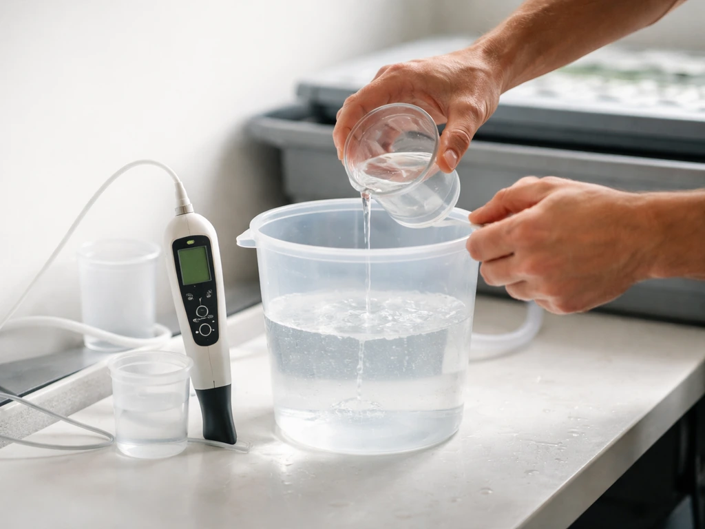 Hands mixing hydroponic nutrient solution in a clean container beside a pH/EC meter and hose