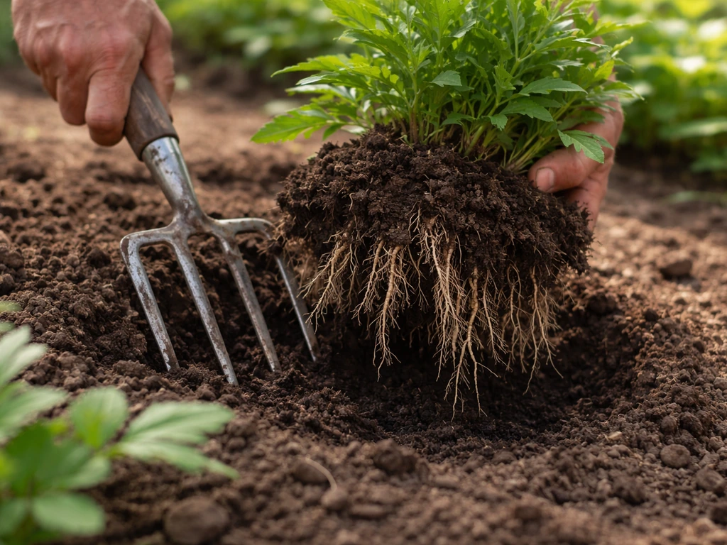 Close-up of a garden fork loosening soil as a valerian root clump is lifted, roots visible.