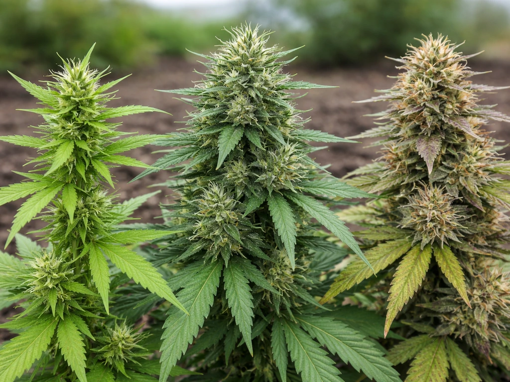 Outdoor flowering plant showing early stretch, mid bud swell, and late ripening on one plant.