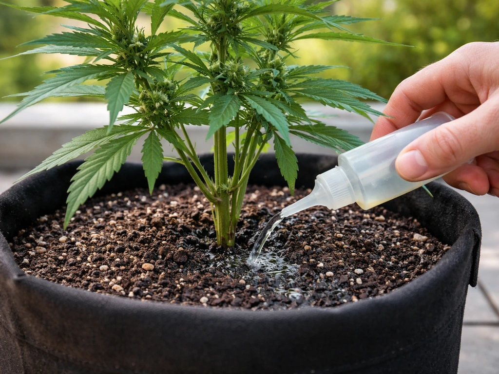 Gardener applies a clear Ca/Mg nutrient solution to the soil of a potted plant with buds visible.