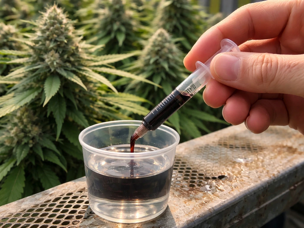Hand dosing a PK booster with a syringe on a greenhouse bench, with swollen buds blurred in the background.