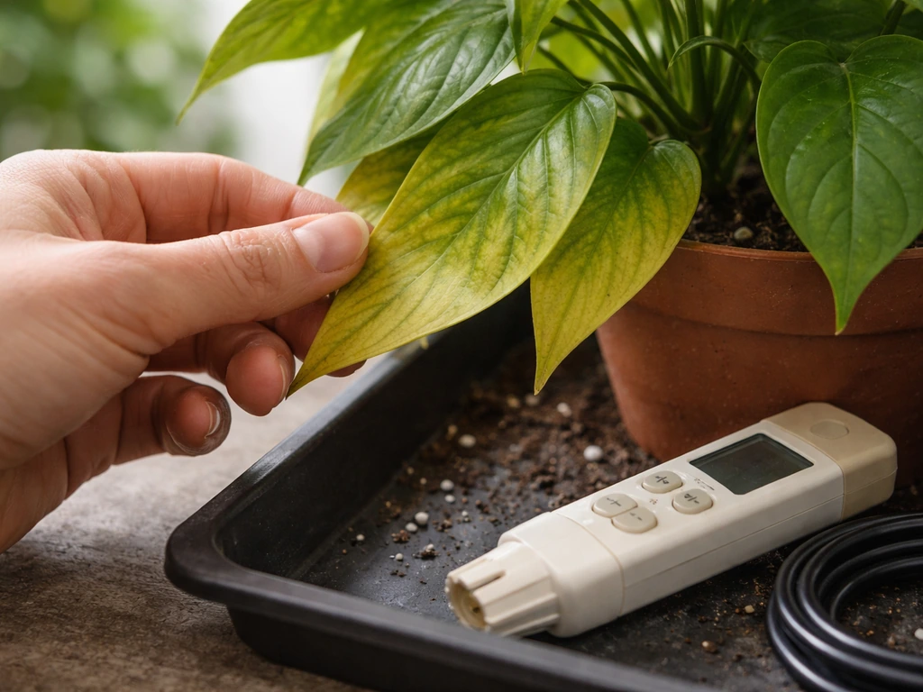 Hand inspecting slightly yellow lower leaves beside a pH/EC meter on a tray indoors.