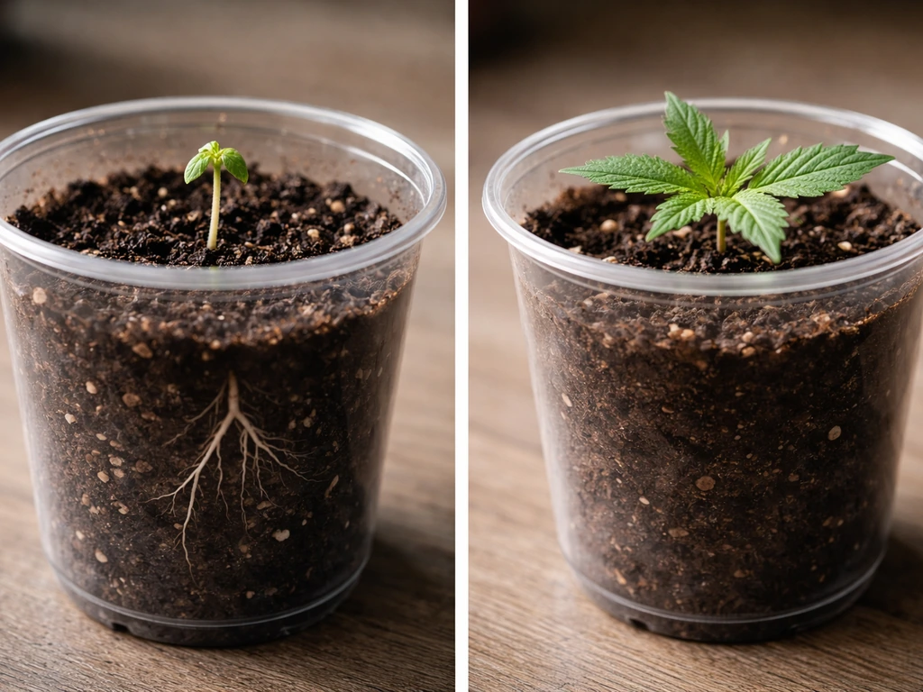 Split close-up of two cannabis autoflower stages: rooted seedling roots vs young green canopy in soil.
