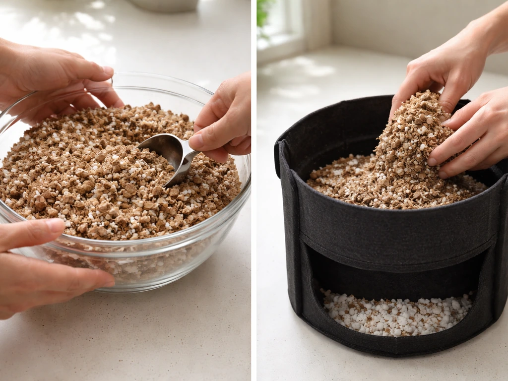 Hands mixing an airy coco-perlite soil in a bowl, then filling a fabric pot with drainage.