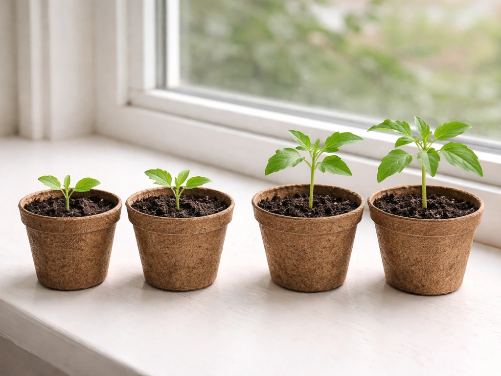 Four seedling pots on a windowsill showing small vs early-veg growth stages from week 2 to week 4.
