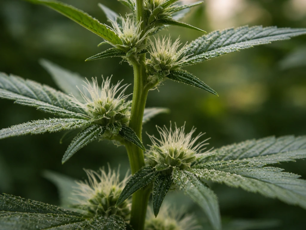 Close-up of a cannabis plant branch showing white pistils and early bud structure with soft trichome haze
