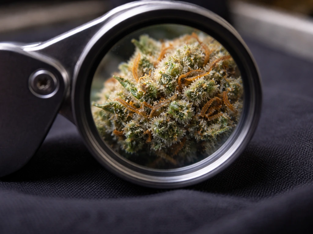 Close-up of trichomes on a cannabis bud viewed through a jeweler’s loupe with a simple harvest backdrop.
