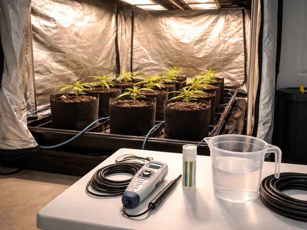 Seedlings in an organized indoor grow tent with ready tools and meters for starting the main veg phase.