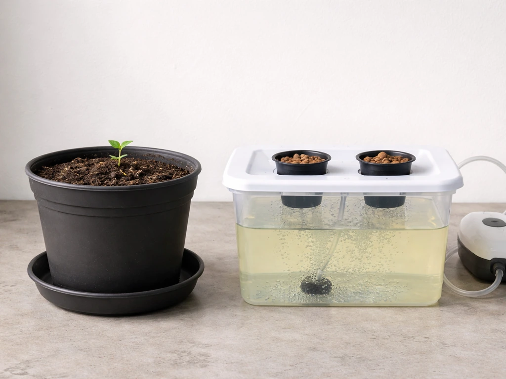 Side-by-side view: a soil pot with drainage versus a hydro DWC/coco reservoir with net pots and air bubbling.