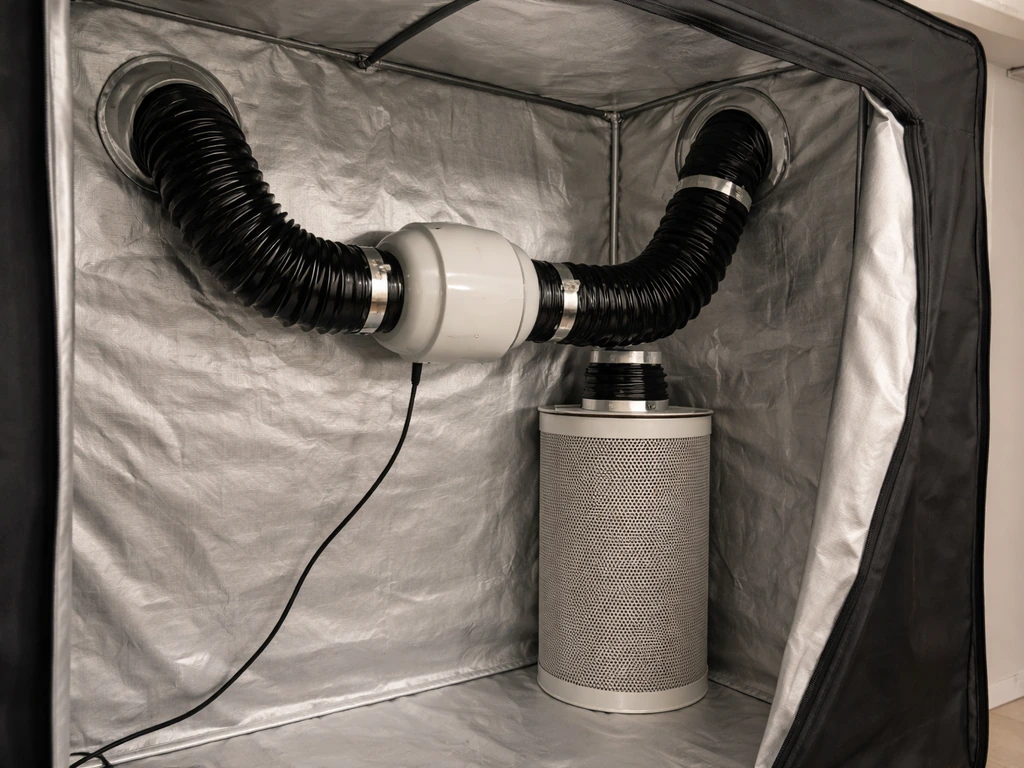 Inline fan and carbon filter connected with ducting and clamps inside an empty grow tent