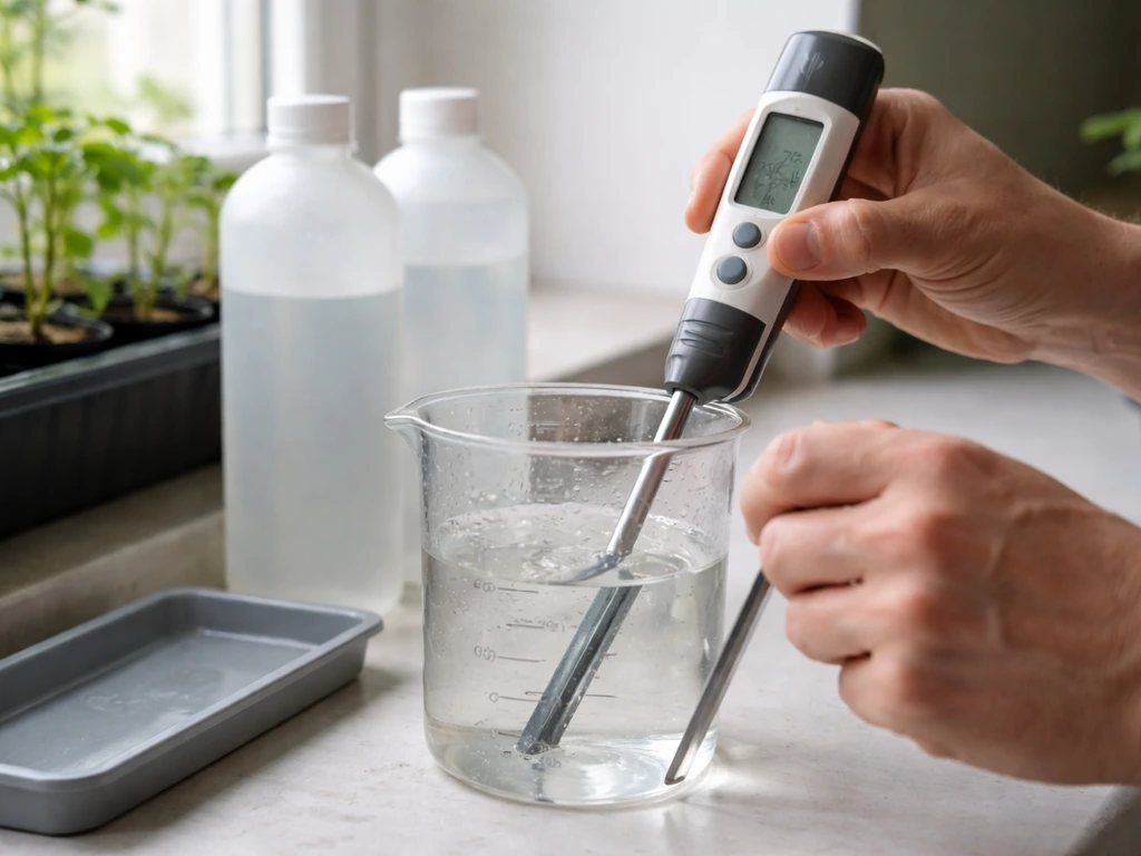 Person carefully mixing nutrient solution and checking pH/EC in a graduated container with a meter