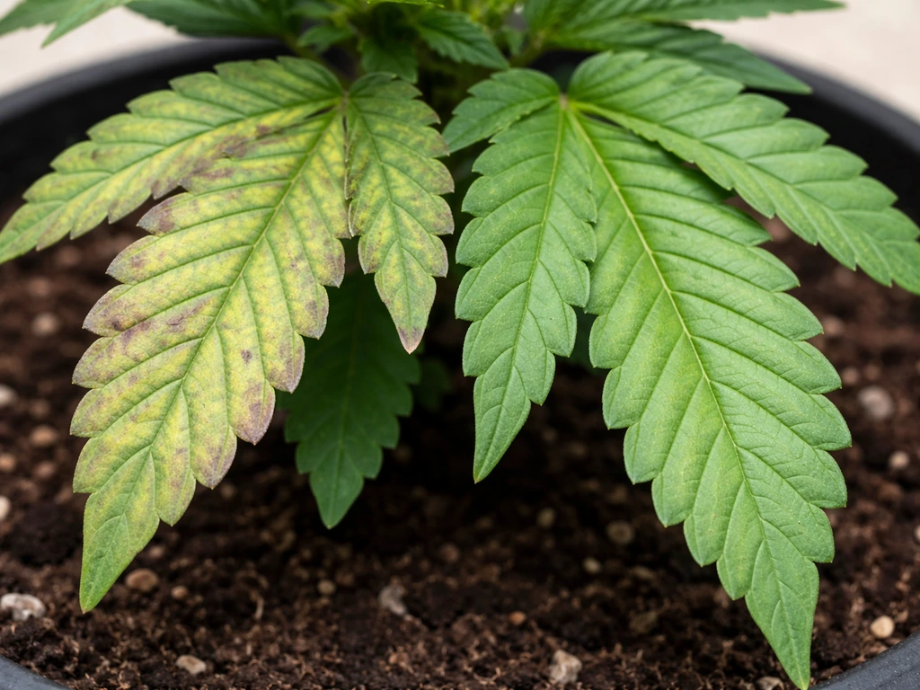 Close-up comparison of yellow interveinal chlorosis leaves versus a healthy green leaf on a plant.