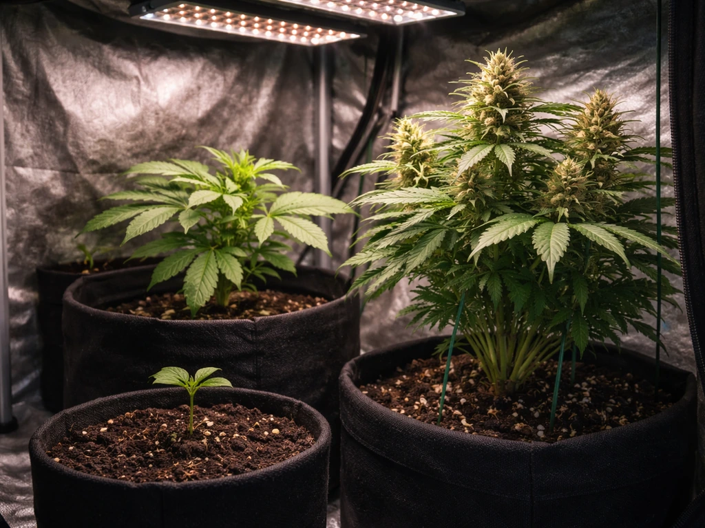 Autoflower plants at different growth stages inside a grow tent under full-spectrum lights
