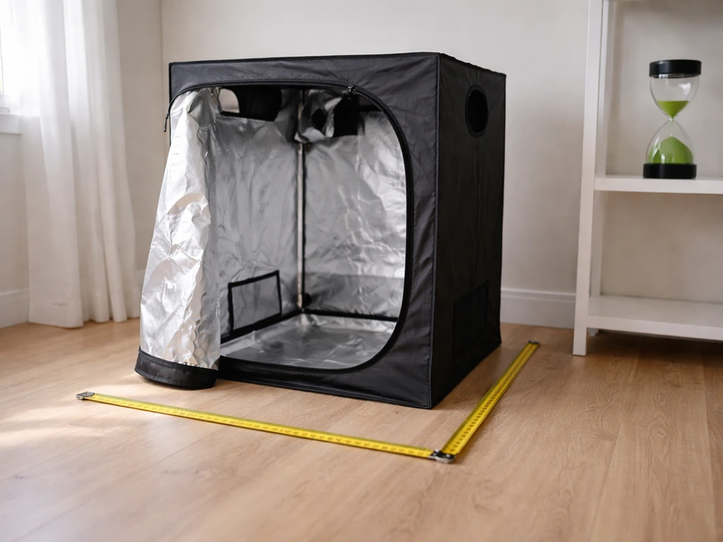 Minimal indoor grow tent with measuring tape and a small timer to suggest footprint, height, and grow duration.