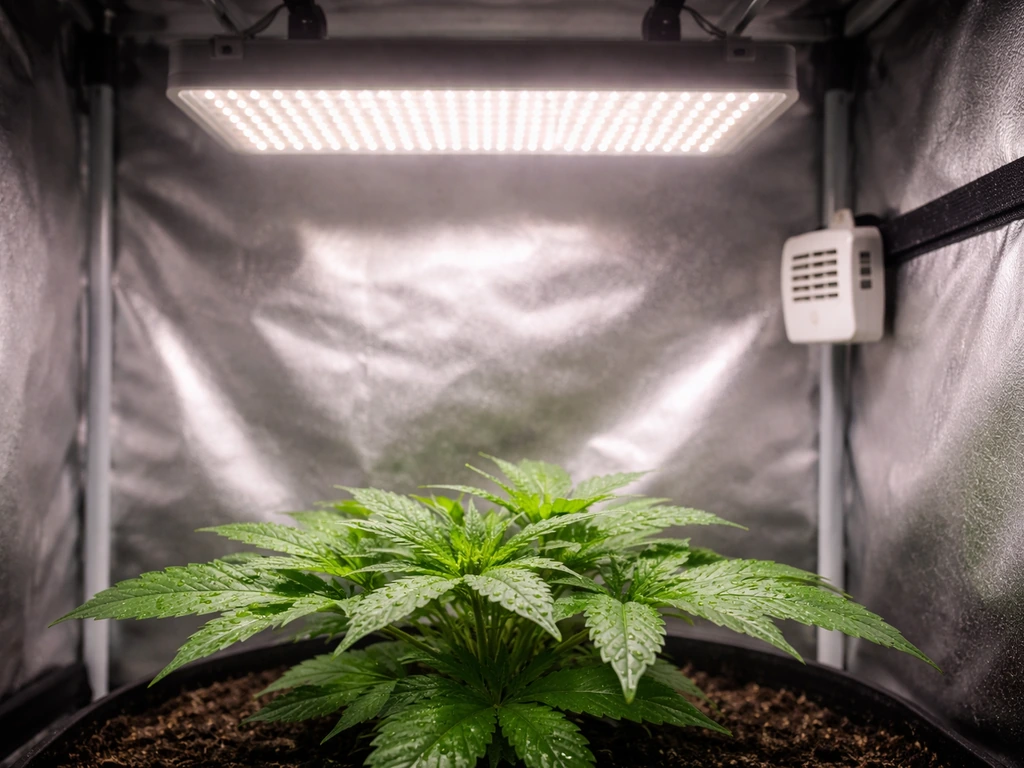 Full-spectrum LED above an autoflower canopy with an off-frame timer concept, showing a thermometer-style sensor nearby