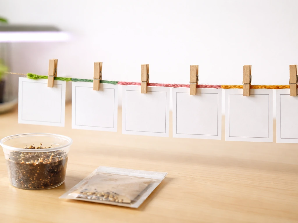 Minimal tabletop grow-timeline with cards and stage color markers beside a small germination cup.
